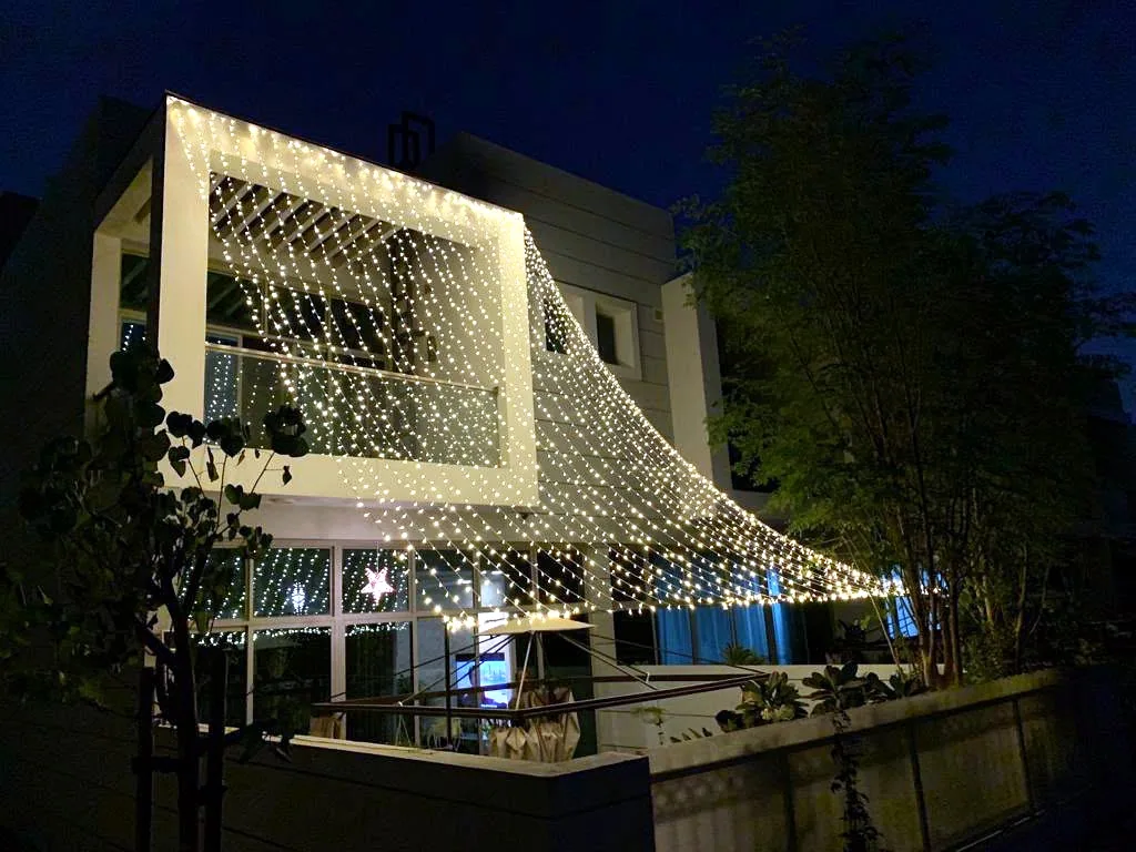 Villa exterior at dusk, outline lighting